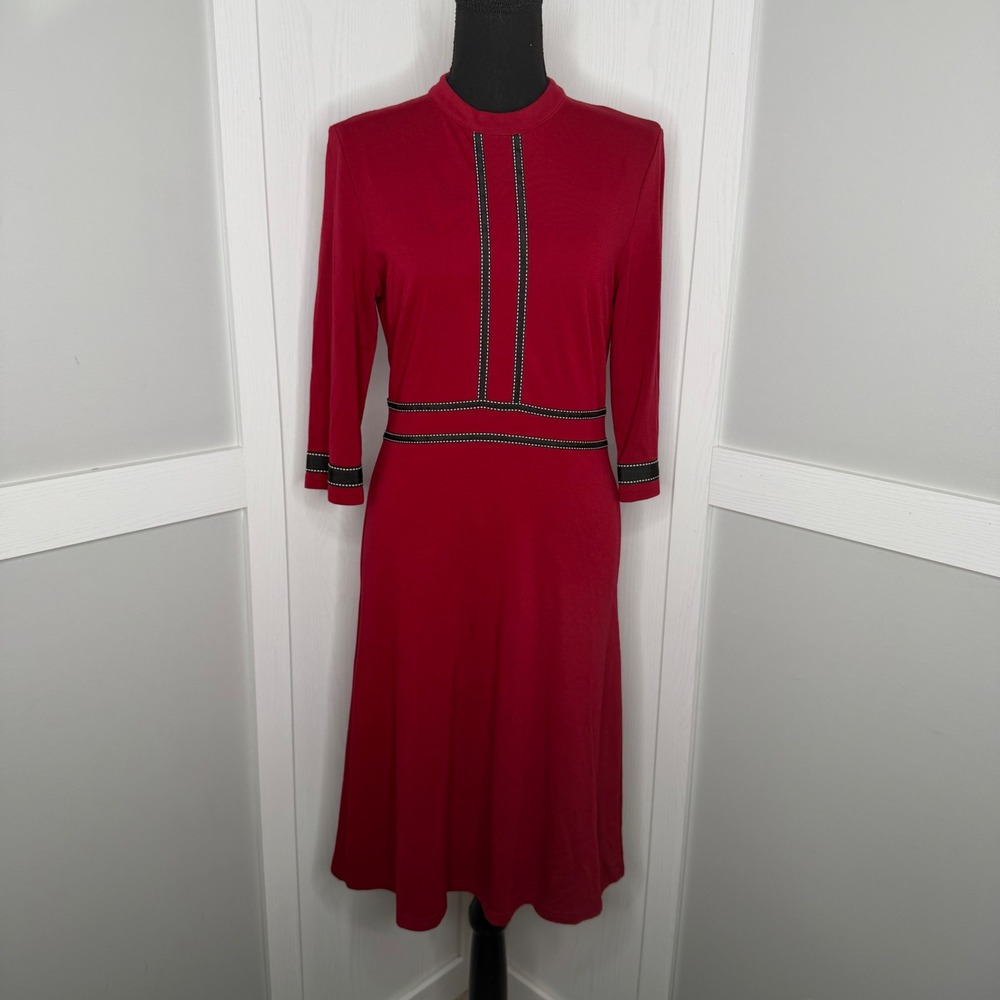 Homeyee Dress Women Size 6 Red Stretch Long Sleeve Mock Neck Ribbon Trim Midi